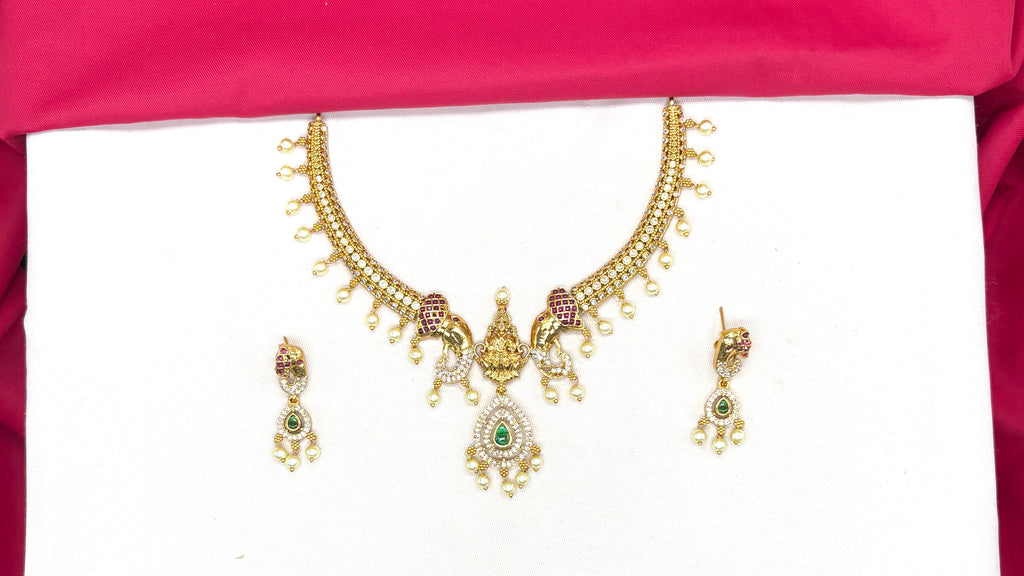 Matte finishing American Diamonds with Elephant finish Lord Lakshmi Short Kanti Necklace