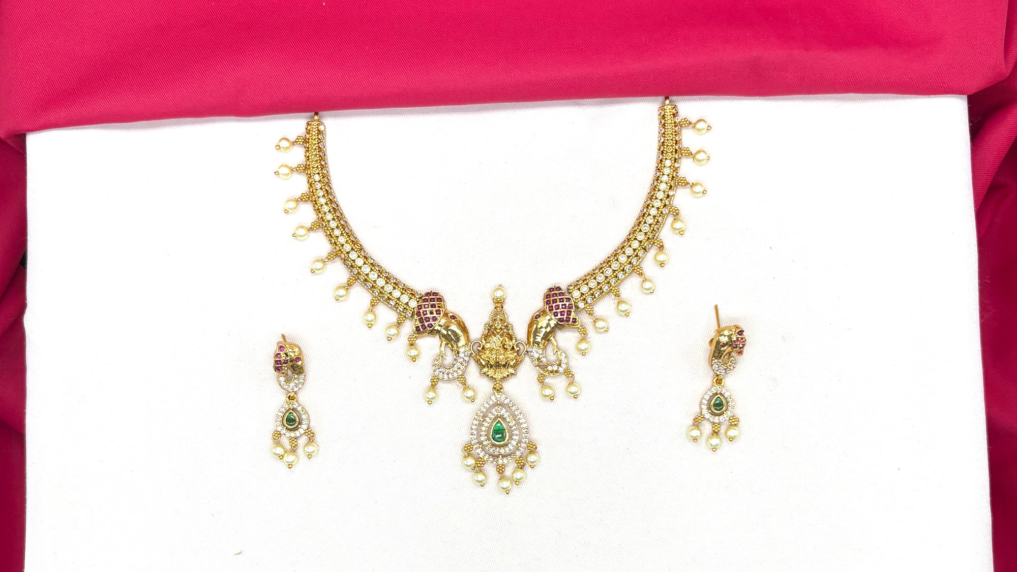 Matte finishing American Diamonds with Elephant finish Lord Lakshmi Short Kanti Necklace