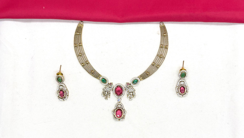 Victorian finishing peacock design with Red stones Short Necklace