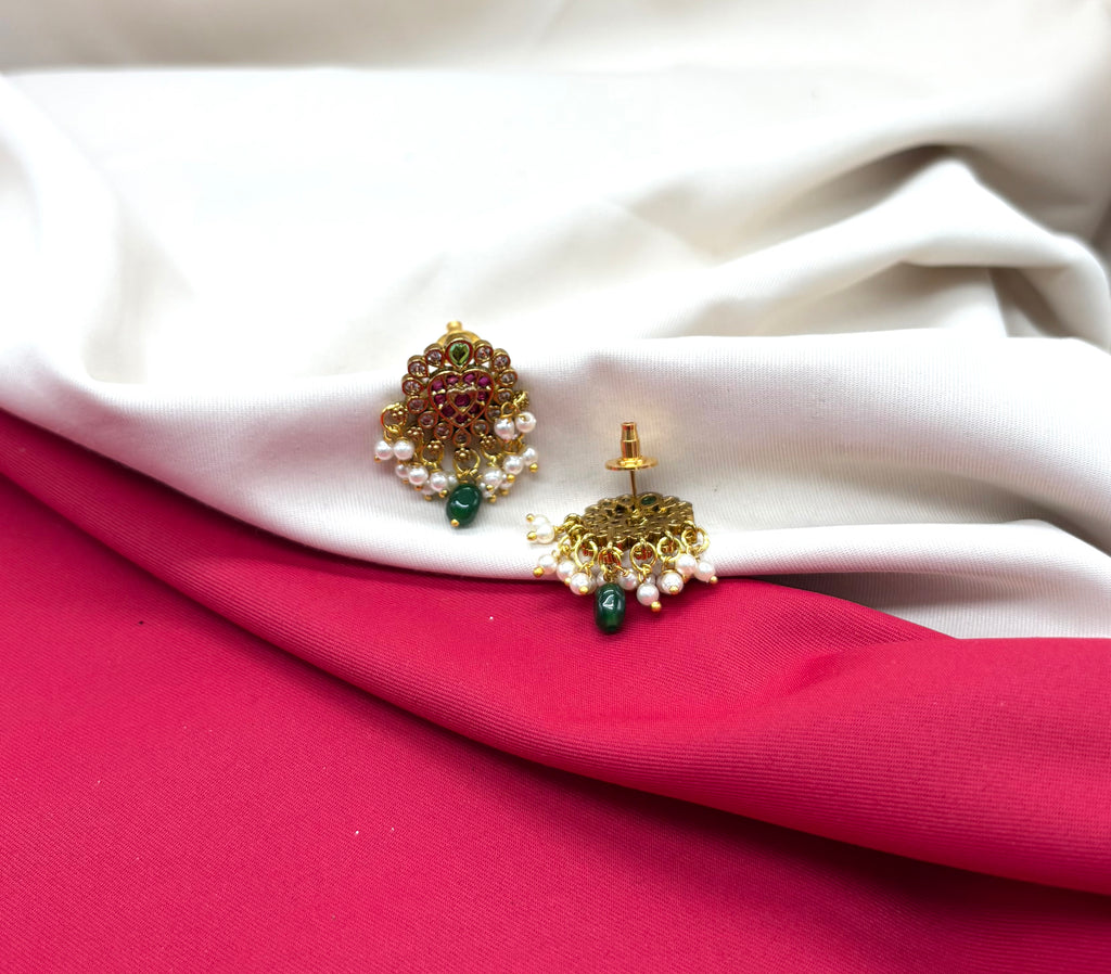 Kempu jadau Hearted design dangling Green stone drop Earring