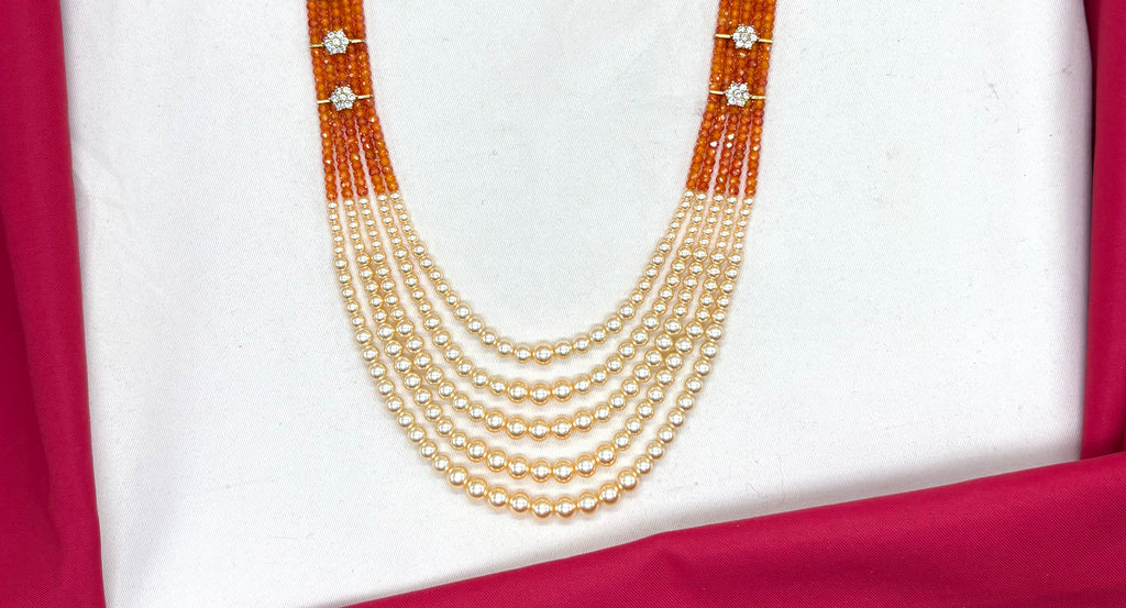Premium Cubic Zirconia orange beads and pearls AD with flowers design small locket Mala for Unisex