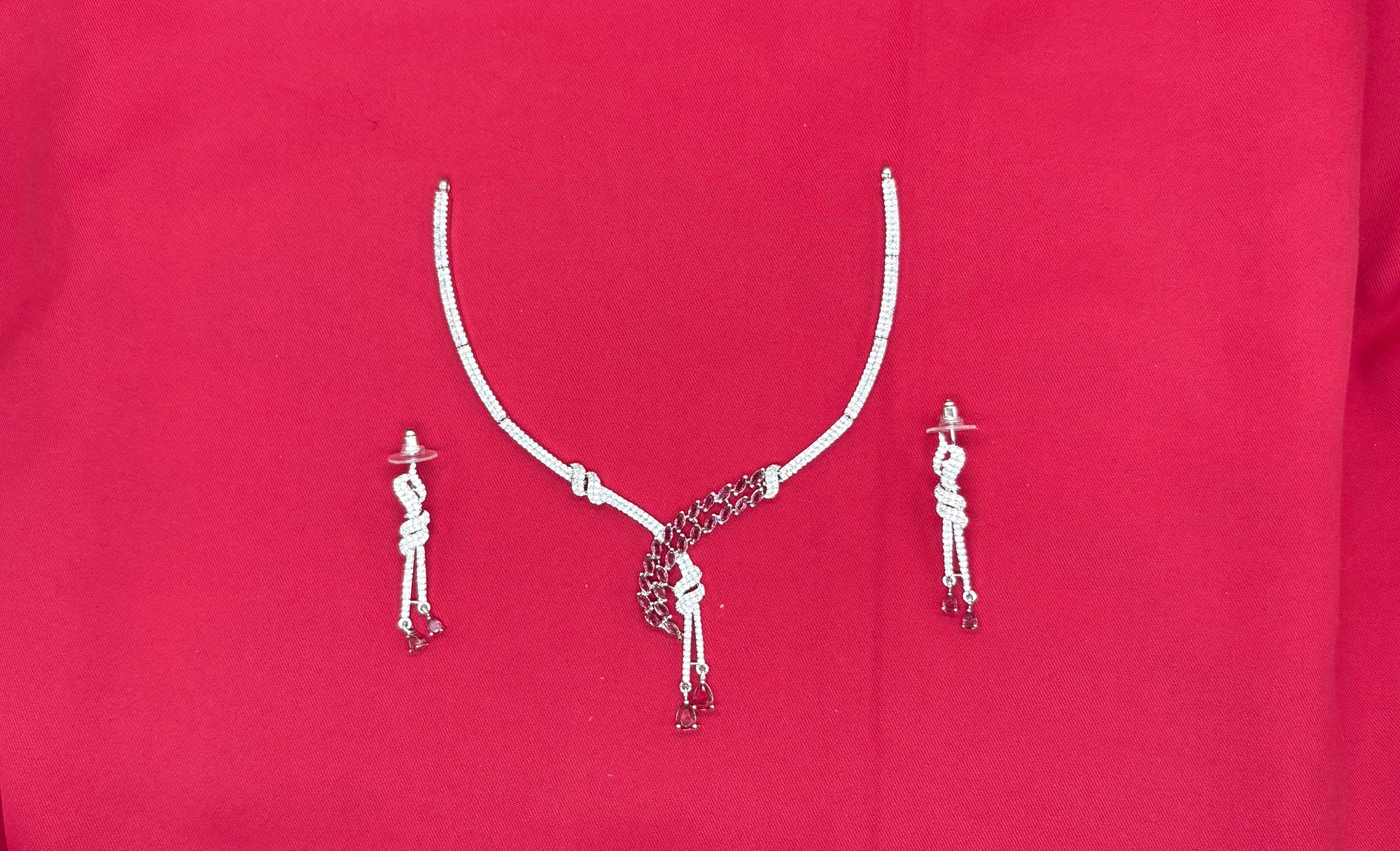 Silver American Diamonds Red stones Short Necklace