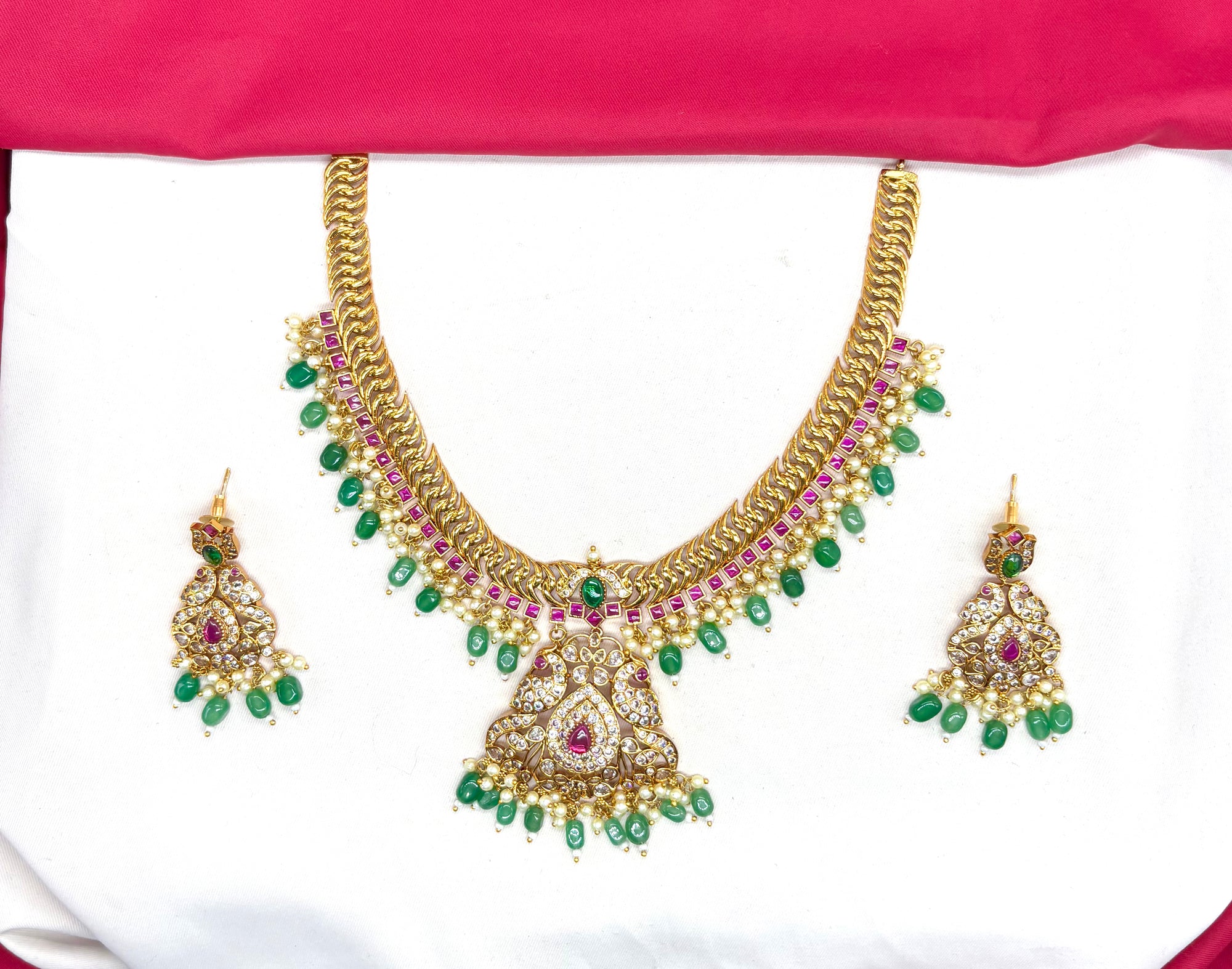 Matte finishing peacock design with Green beads Mango Short Necklace