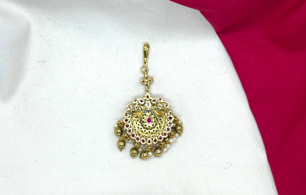 Matte finishing peacock design pink & green stones with Golden balls Maang Tikka