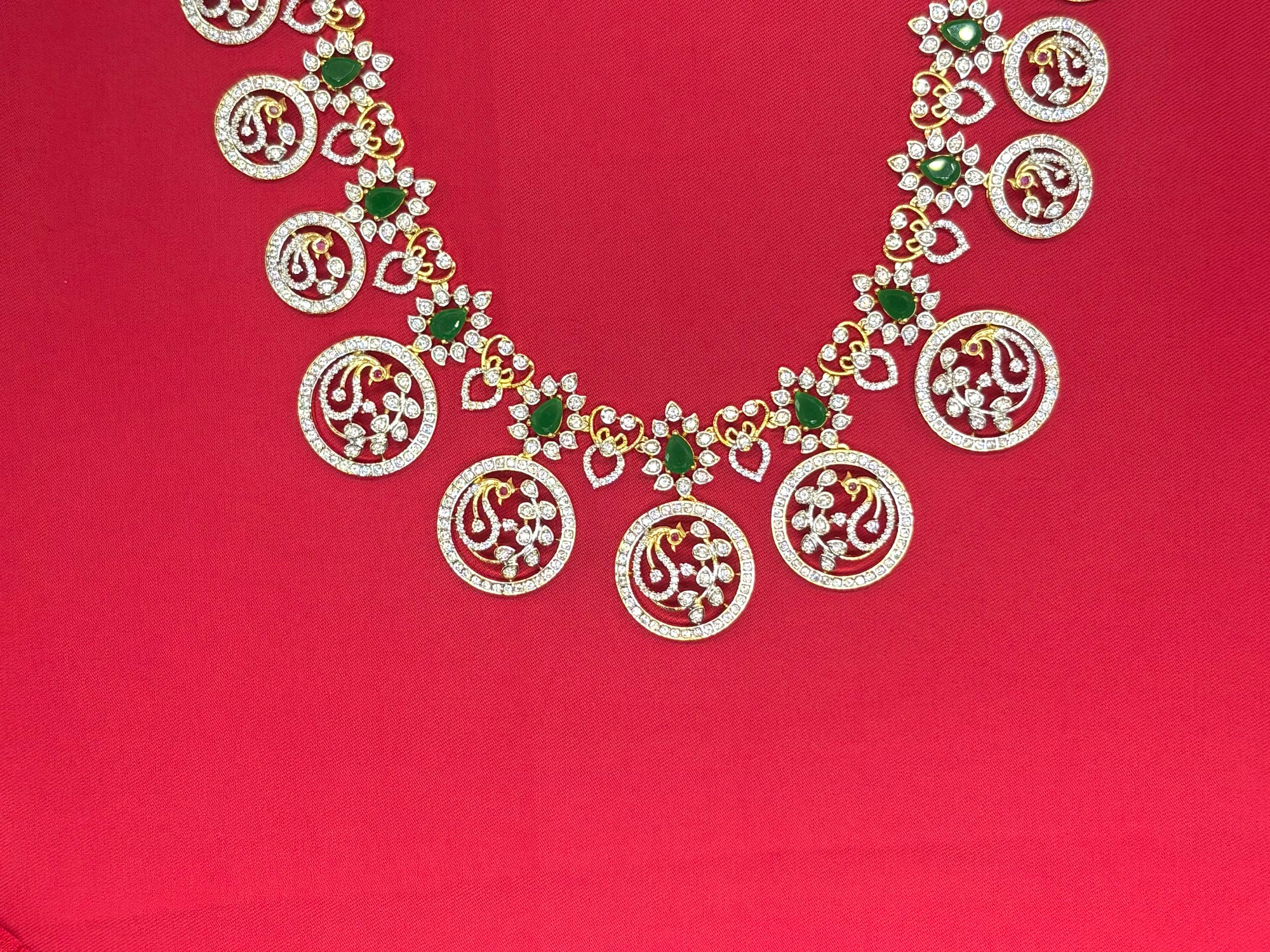 Premium G.J Polishing Butto mala Peacock design with Green stones Long Haram