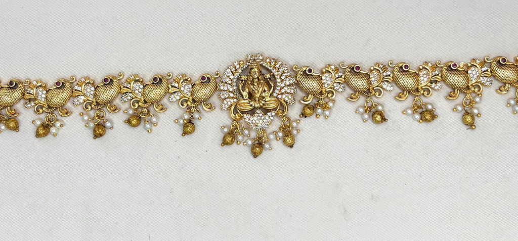 Matte finishing Lord Lakshmi AD stones with peacock design Chain Vaddanam