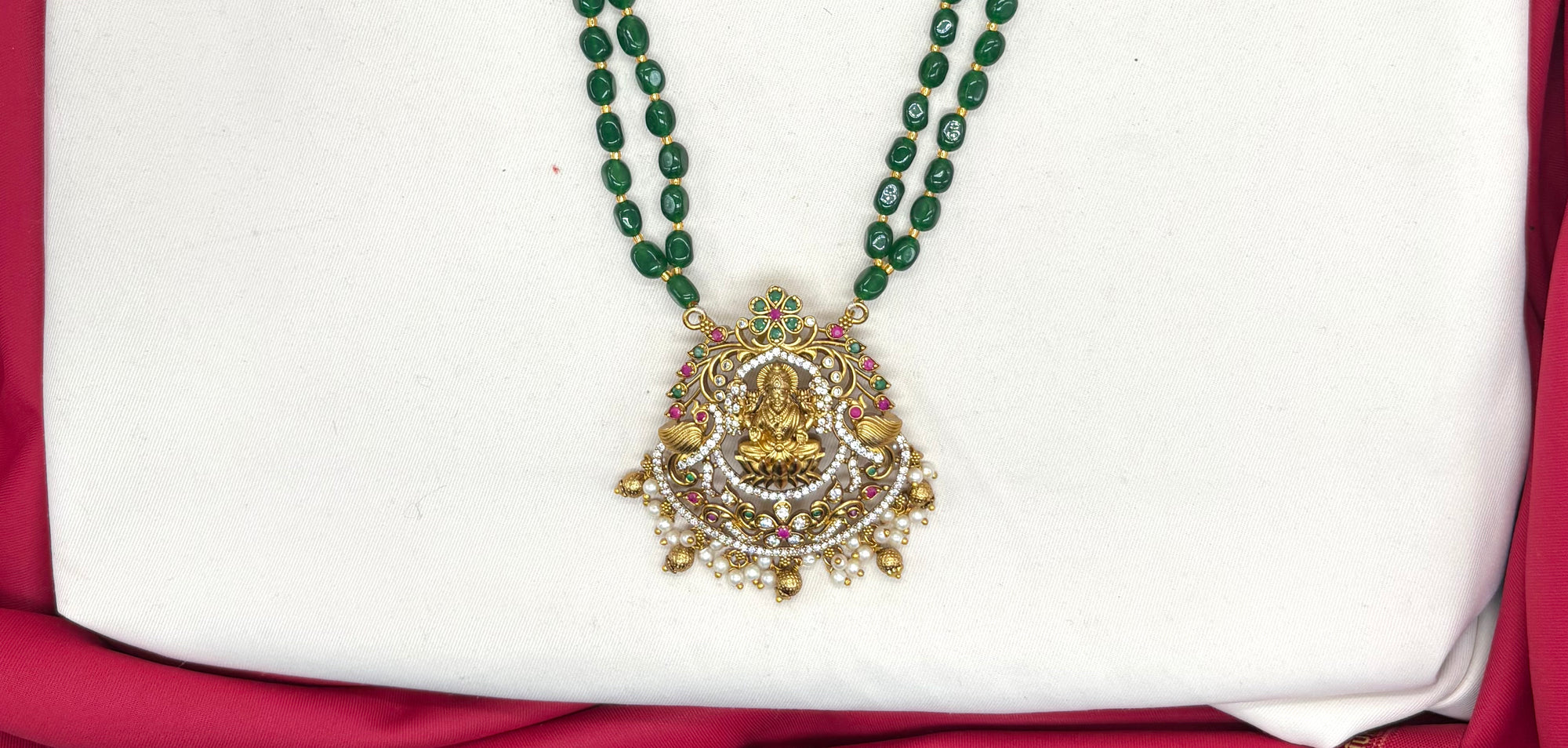 Premium Layered Lord Lakshmi pendent with Green stones Rani-Haram