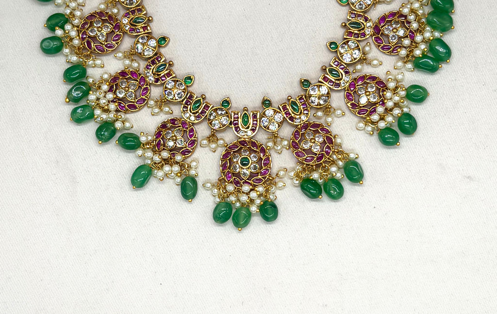 Jadau Kundan Green stones with  white pearls Short Necklace