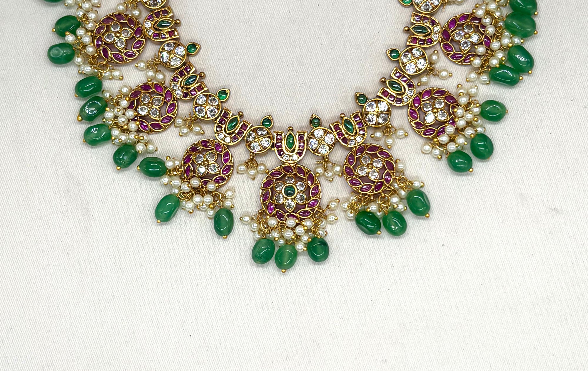 Jadau Kundan Green stones with  white pearls Short Necklace