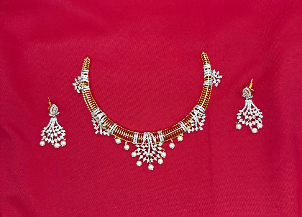 Premium G.J polish American Diamonds with White pearls Short Kanti Necklace