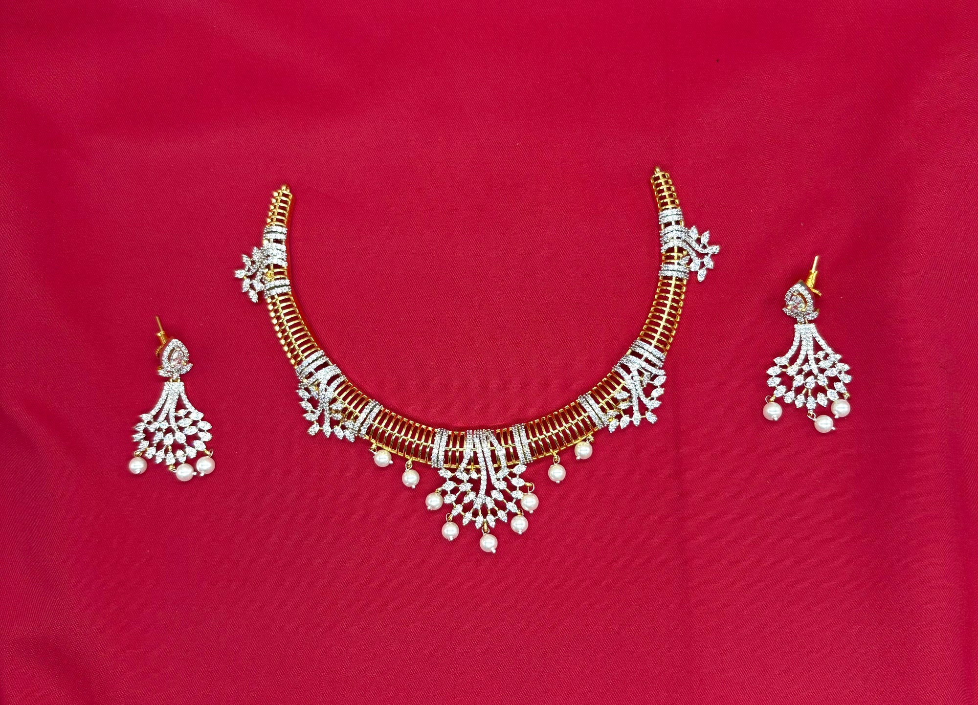 Premium G.J polish American Diamonds with White pearls Short Kanti Necklace