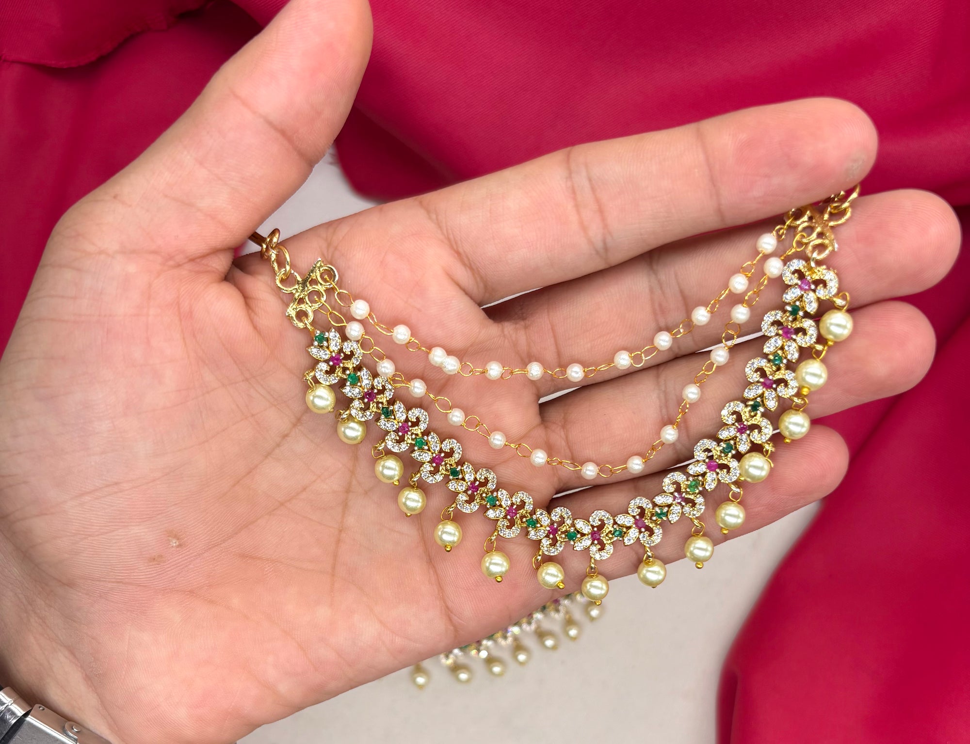 Matte finishing American Diamonds floral design with pearls Champaswaralu
