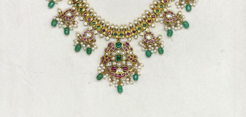 Jadau Kundan with Green Beads Floral design Short Necklace