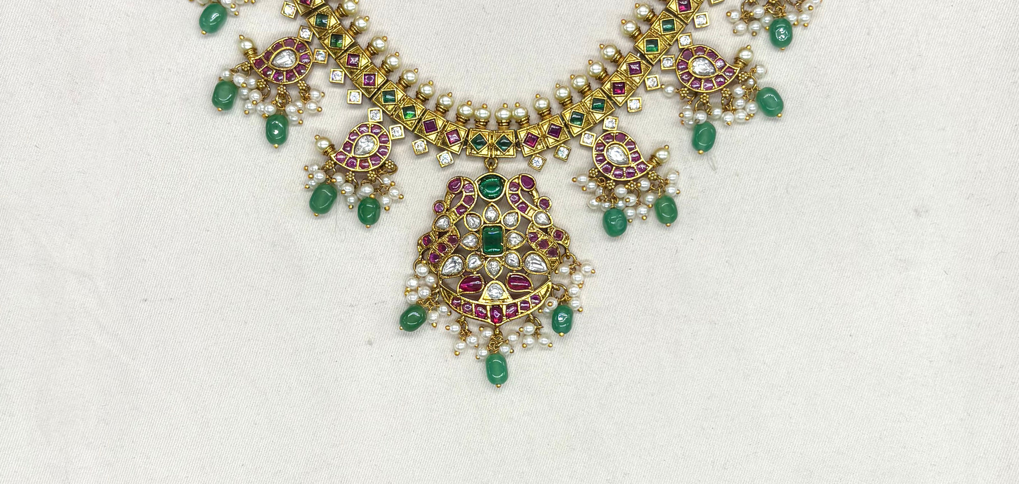 Jadau Kundan with Green Beads Floral design Short Necklace