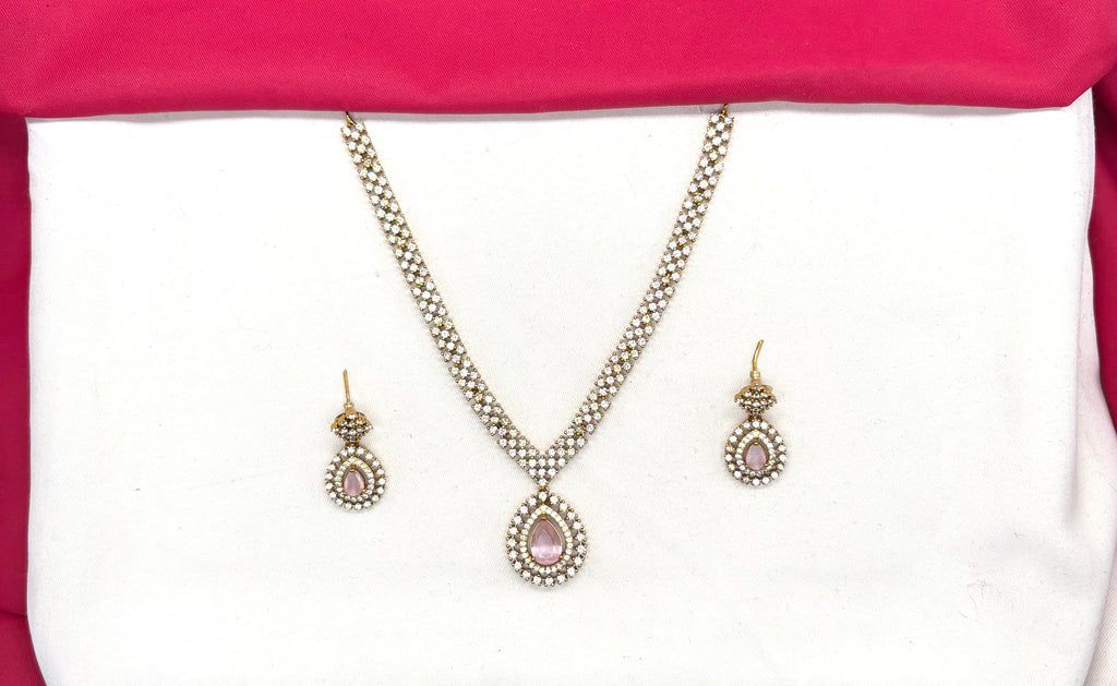 Victorian finishing American Diamonds with Central baby-Pink Stone Short Necklace