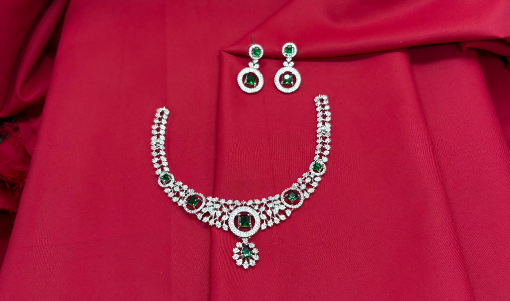 Silver Polish White & Green AD Studded Short Necklace