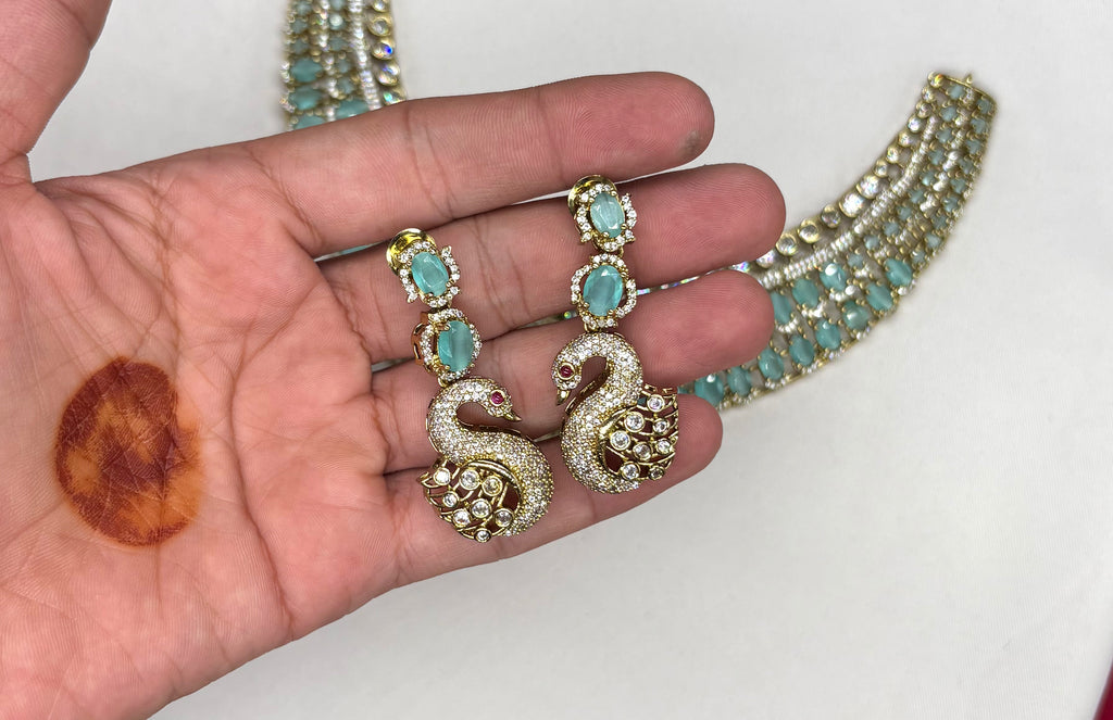 Premium Victorian finishing peacock design American diamonds With sea geeen stones Necklace
