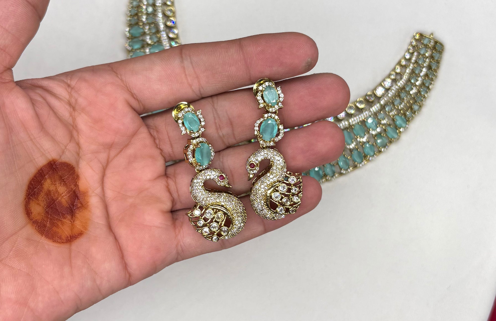 Premium Victorian finishing peacock design American diamonds With sea geeen stones Necklace