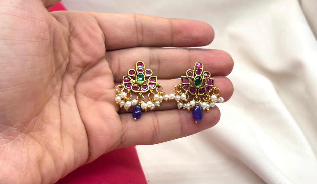 kempu lotus design with Purple Bead Earrings