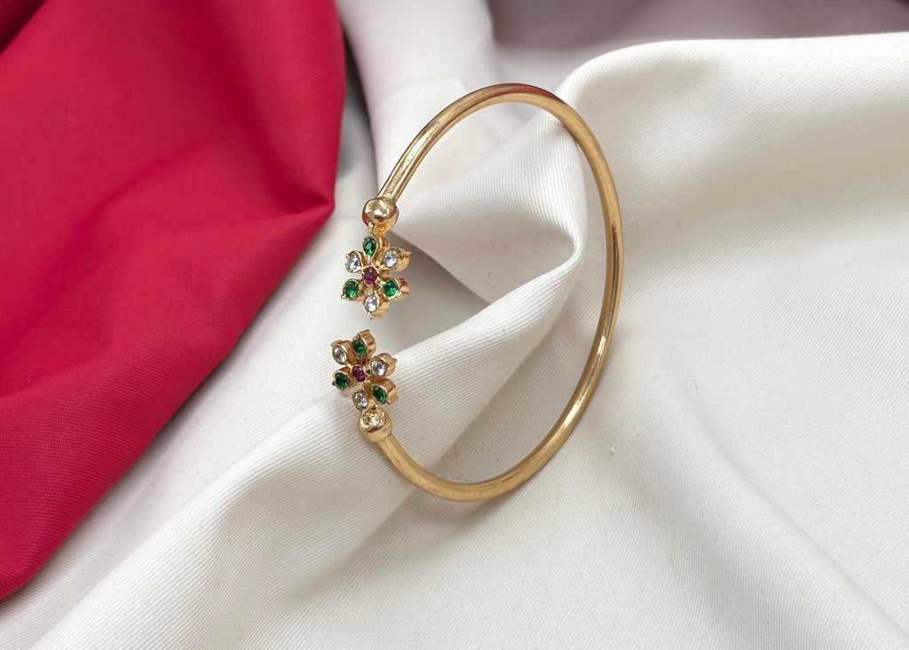 Adjustable Panchaloha kada floral design with white and Green stones