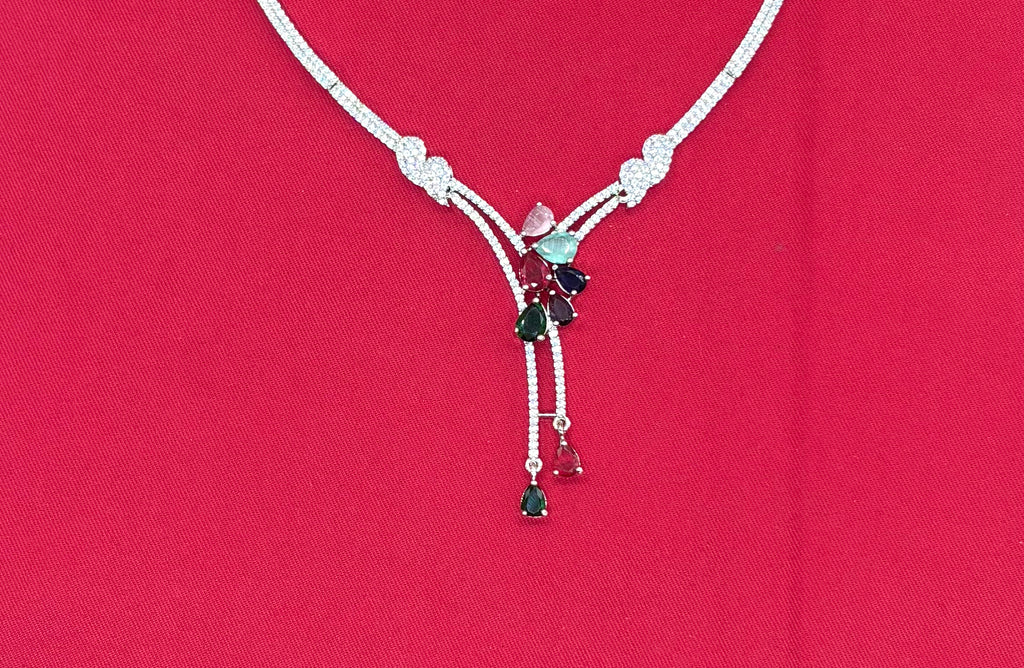 Silver American Diamonds stones deep Multi-stone teardrop and floral-shaped stones Short Necklace