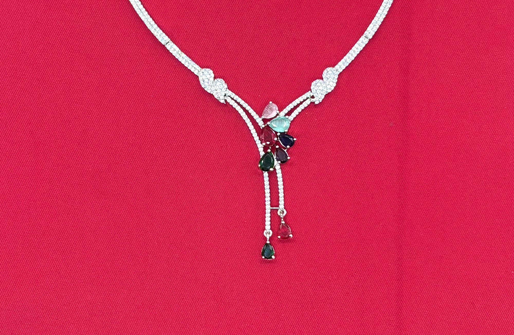 Silver American Diamonds stones deep Multi-stone teardrop and floral-shaped stones Short Necklace