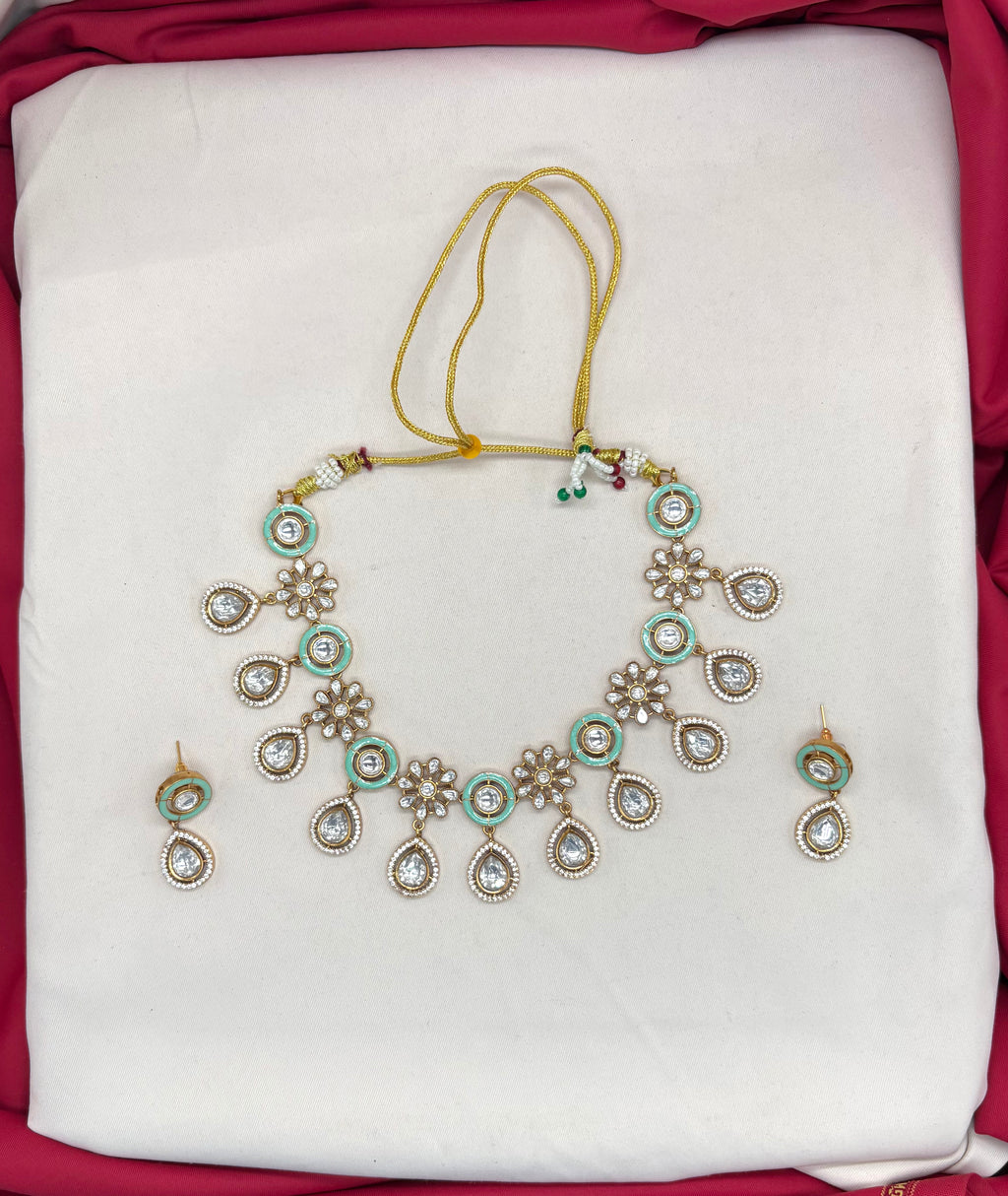 Premium Moissanite Stones floral design Mint-Green circle finish Short Necklace