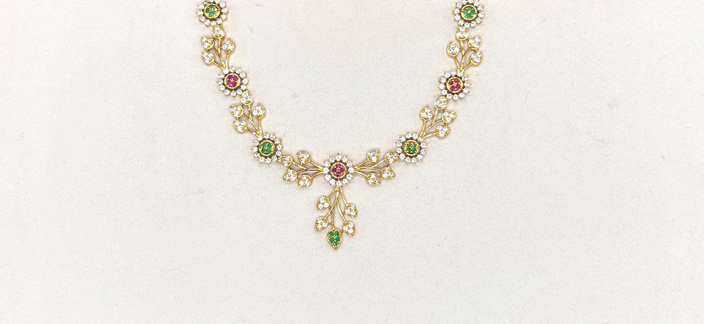 Matte finishing flower design with multi stones and short Necklace