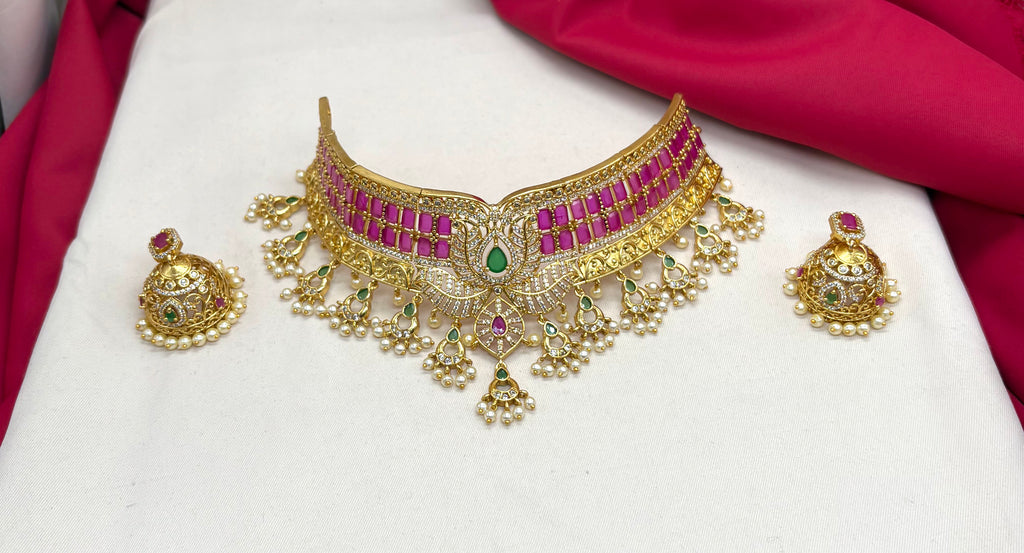 Matte finishing pink stones beautiful design with pearls Choker