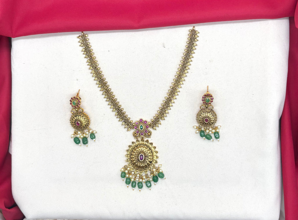 Nakshi Finishing floral design with Green Beads Short Necklace