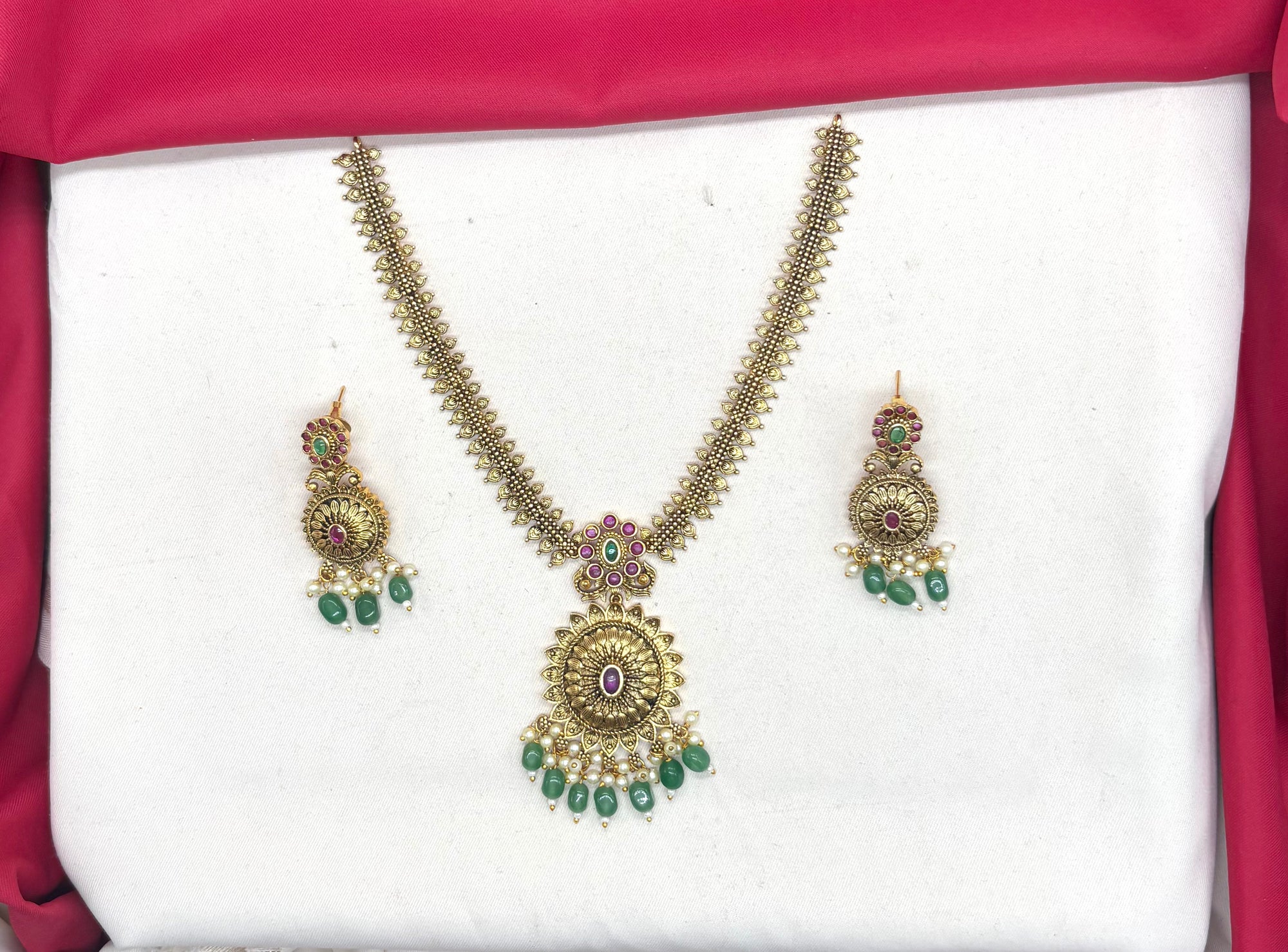 Nakshi Finishing floral design with Green Beads Short Necklace