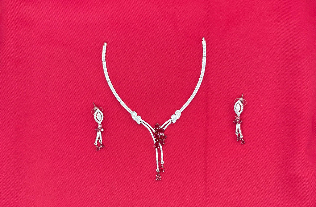 Silver American Diamonds stones deep ruby-red teardrop and floral-shaped stones Short Necklace