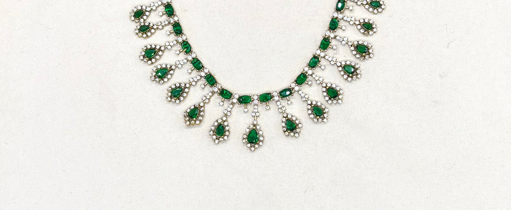 Victorian finishing American Diamond and Green stones Short Necklace
