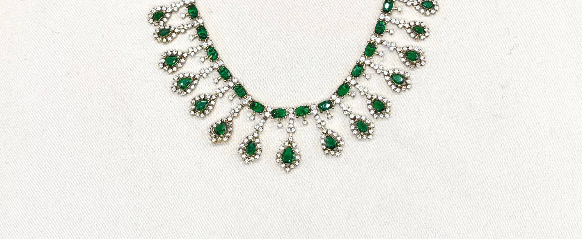 Victorian finishing American Diamond and Green stones Short Necklace