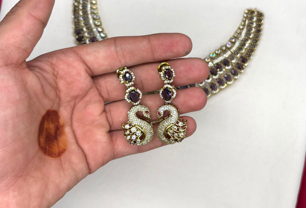 Premium Victorian finishing peacock design American diamonds With Purple stones Necklace