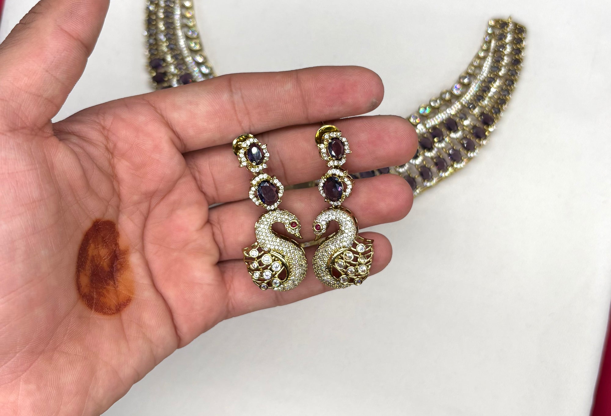 Premium Victorian finishing peacock design American diamonds With Purple stones Necklace