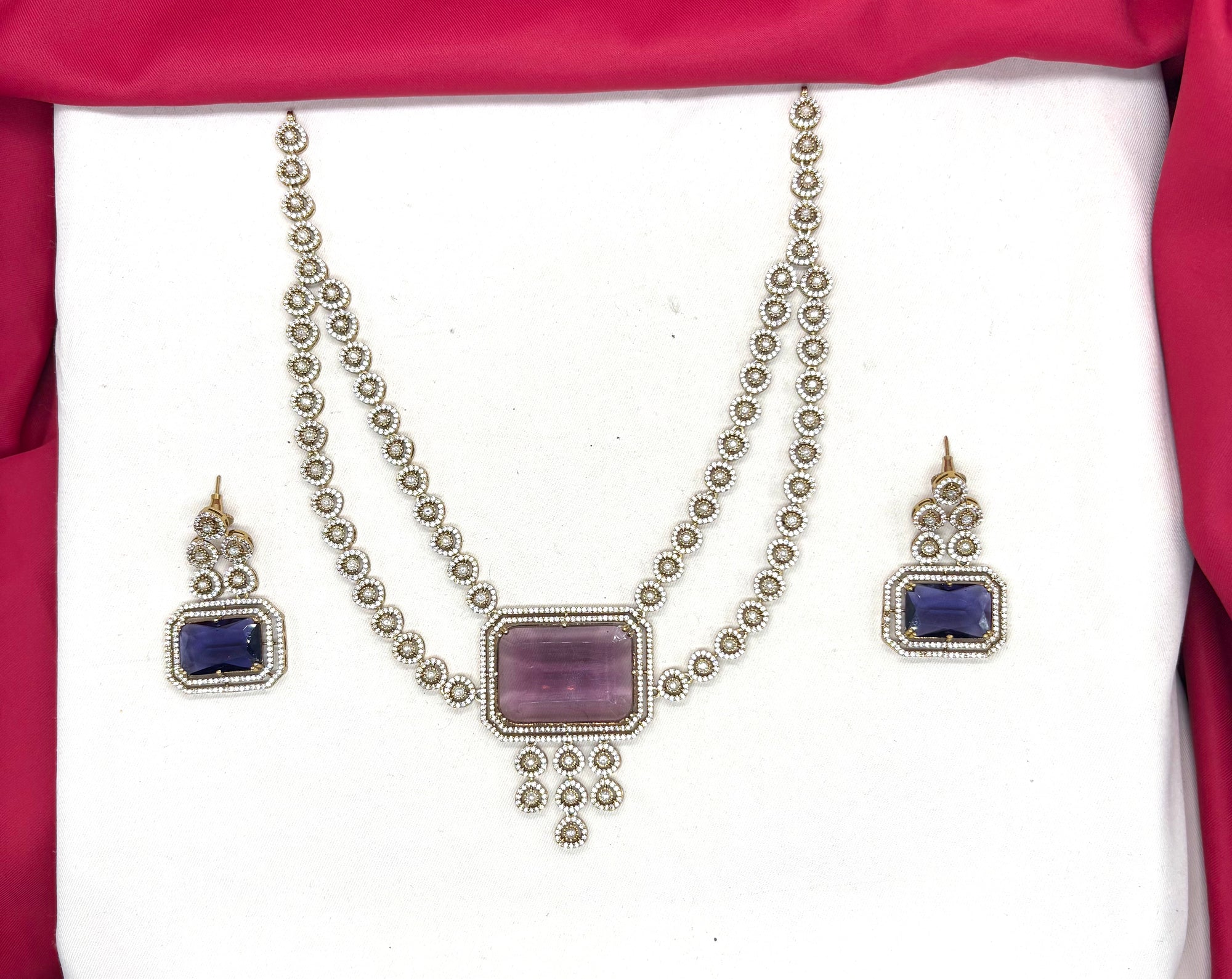 Victorian finishing emerald purple stones and intricate American Diamond Necklace