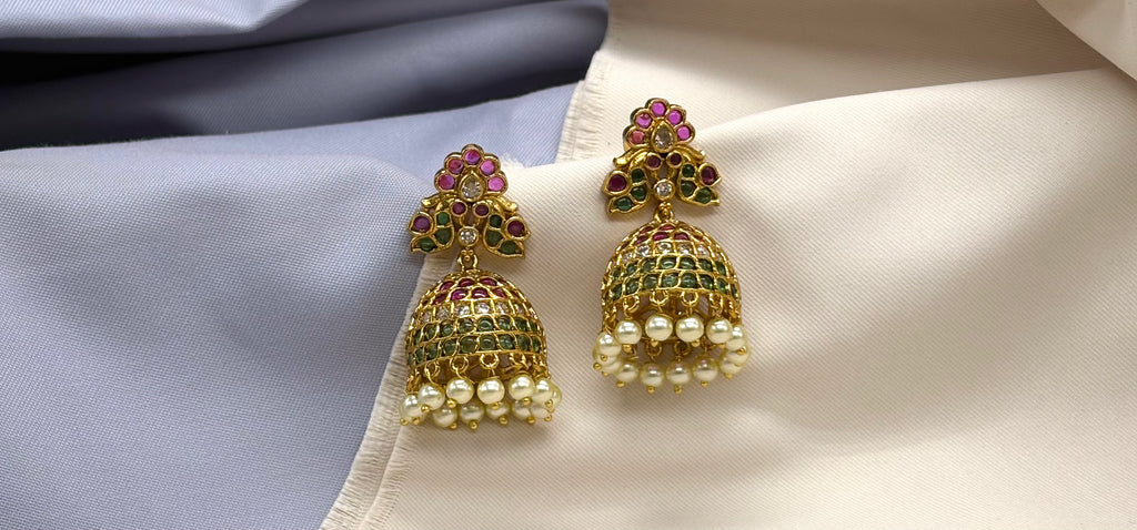 Kemp jhumka ruby, green, and white stones with pearl drops earrings