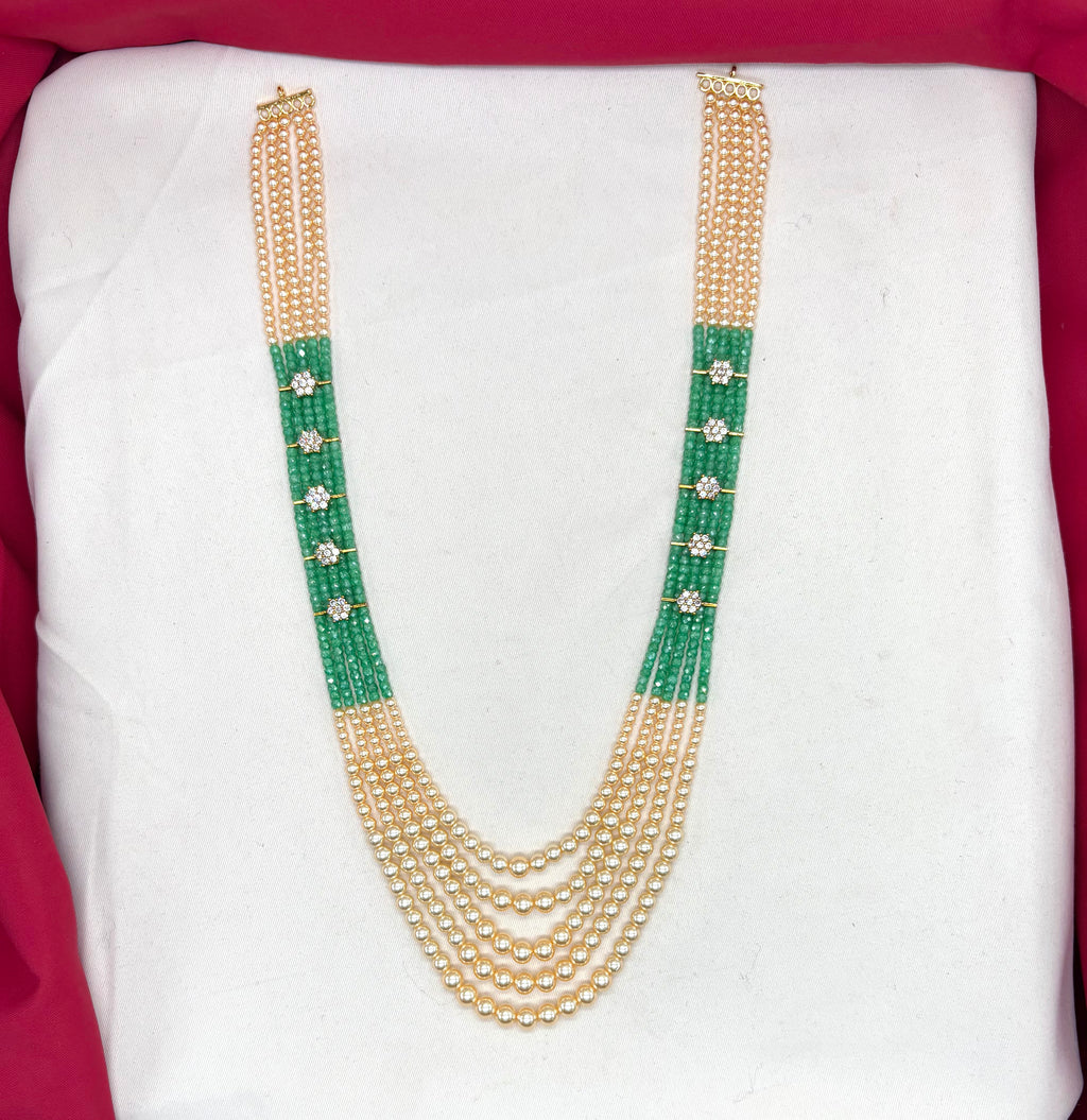Premium Cubic Zirconia Mint-Green beads and pearls AD with flowers design small locket Mala for Unisex
