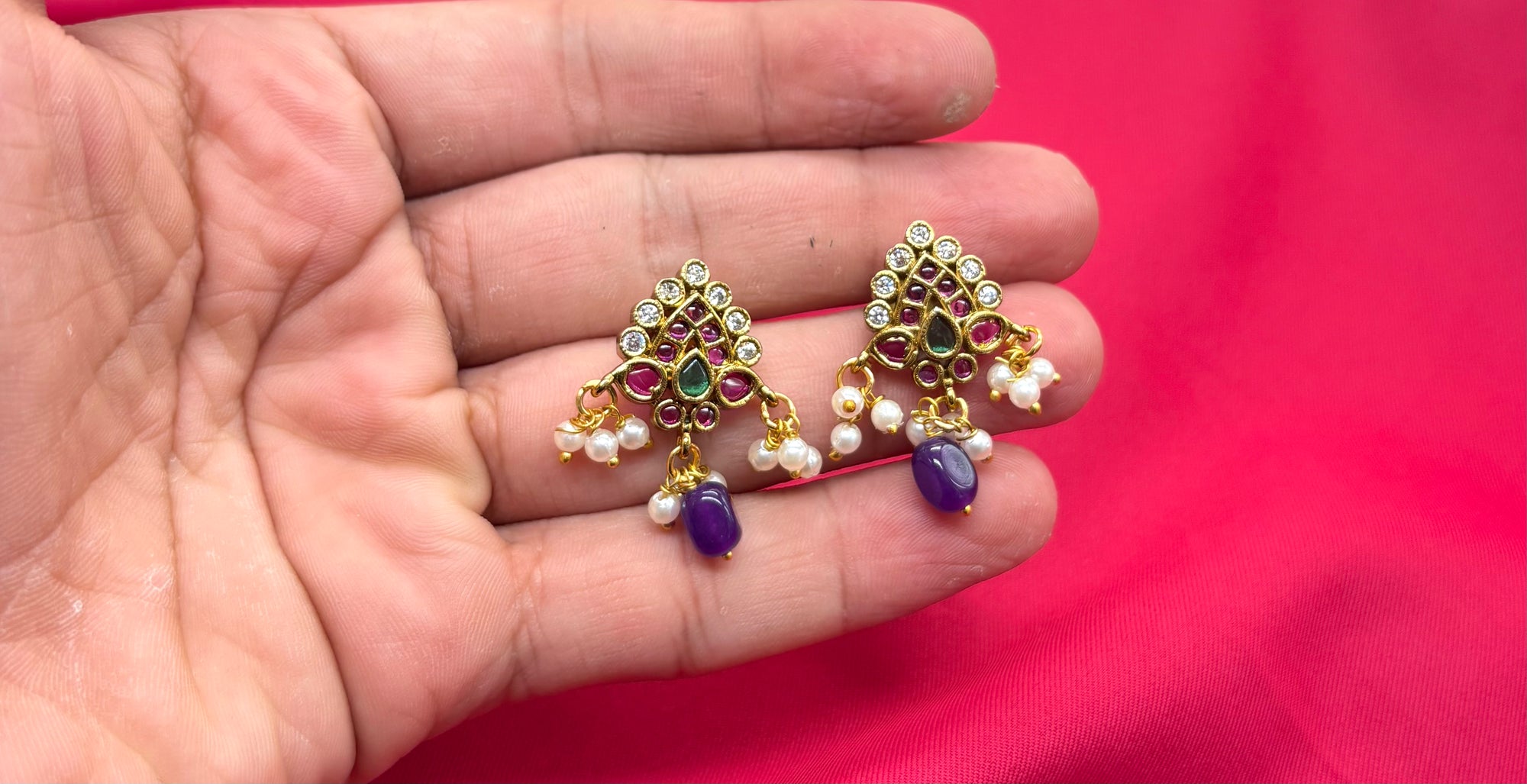 kempu lotus design AD stones  Purple Bead drop Earrings