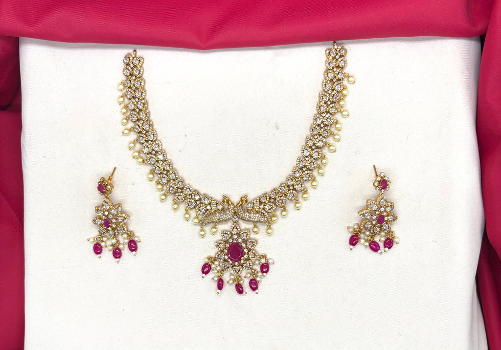 Matte finishing American Diamonds peacock design Short Necklace
