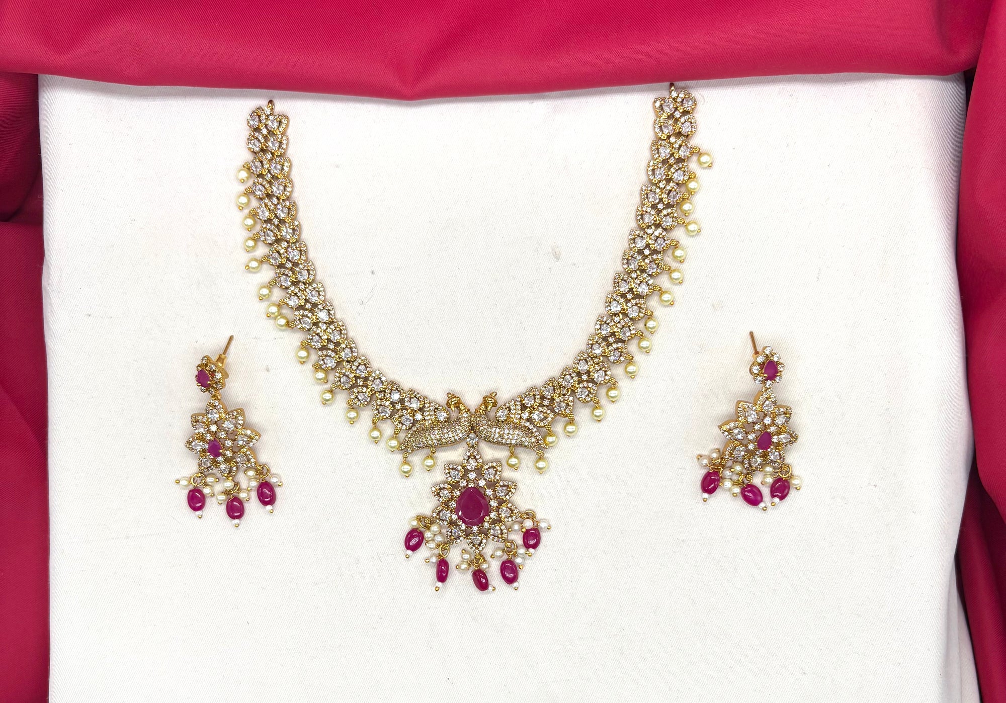 Matte finishing American Diamonds peacock design Short Necklace