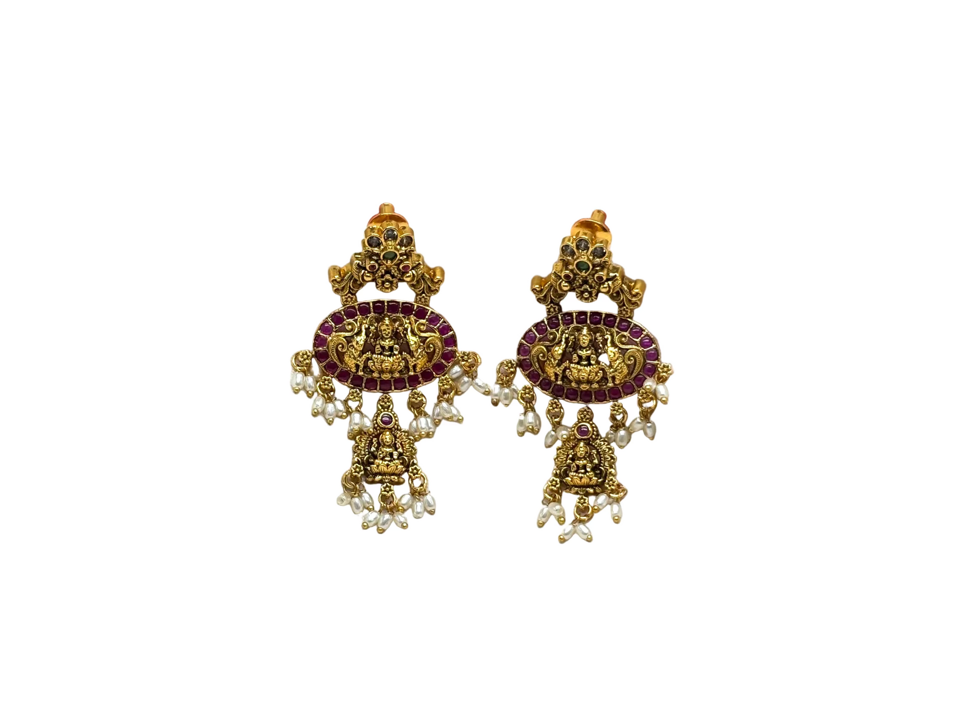 Nakshi finishing Kempu stones with lord Lakshmi rice pearl’s Earring