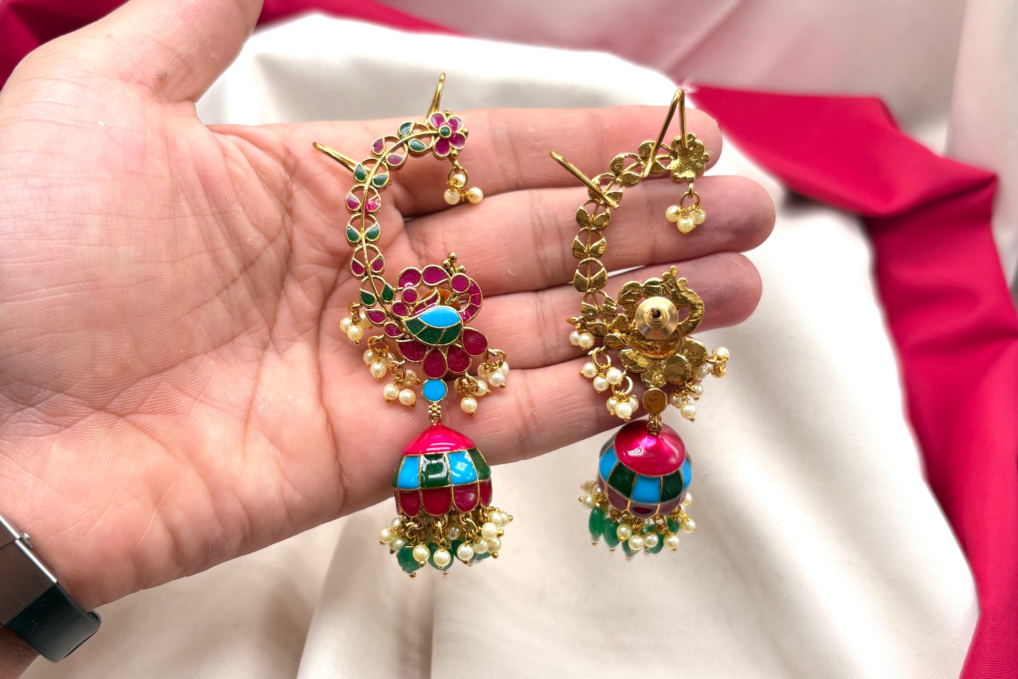 Meenakari ear cuff and Enamel finishing jhumka earrings
