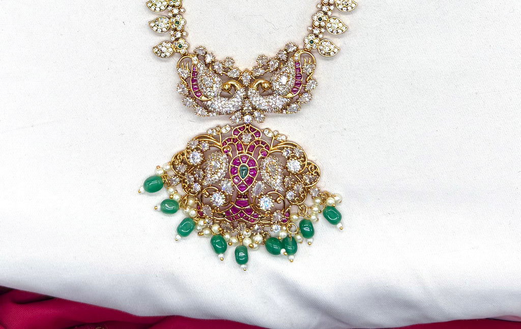 Jadau Kundan finishing with American Diamonds peacock design long necklace