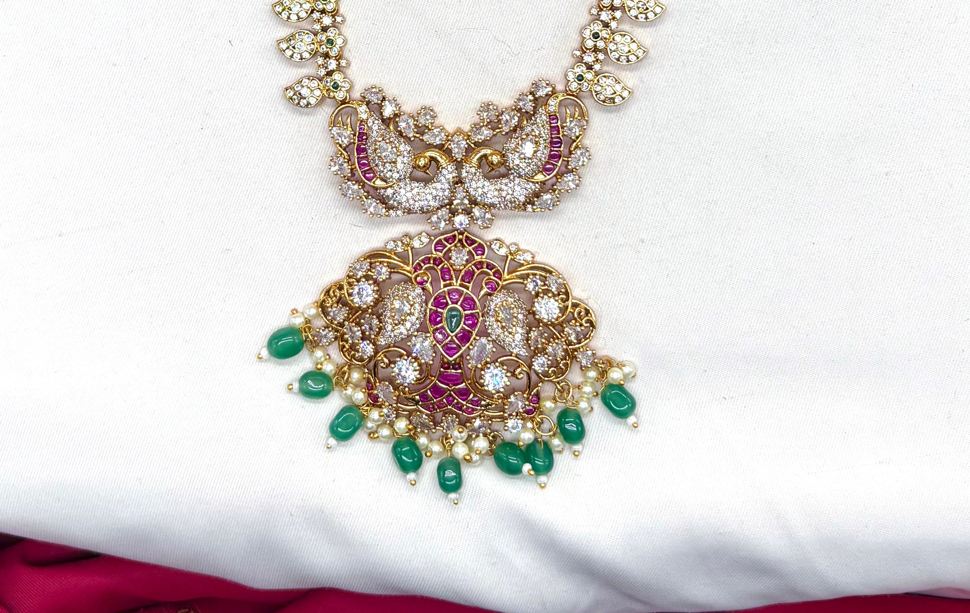 Jadau Kundan finishing with American Diamonds peacock design long necklace