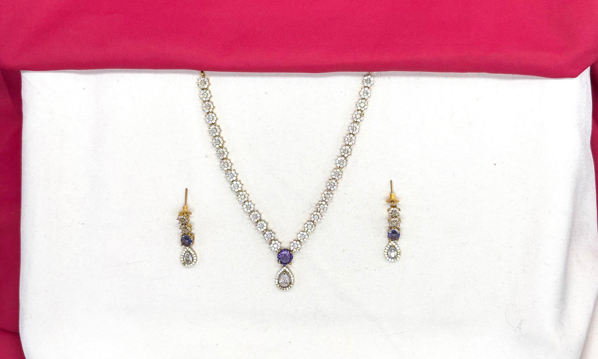Victorian finishing floral design American Diamonds with Purple Stone Short Necklace