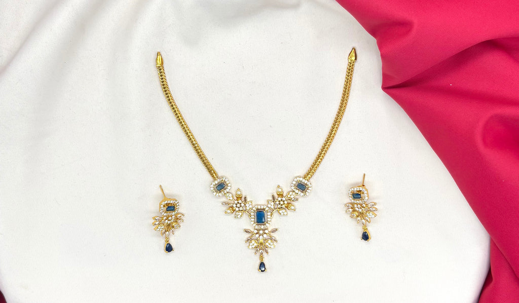 American Diamond Zirconia
Blue Studded Floral Short Necklace