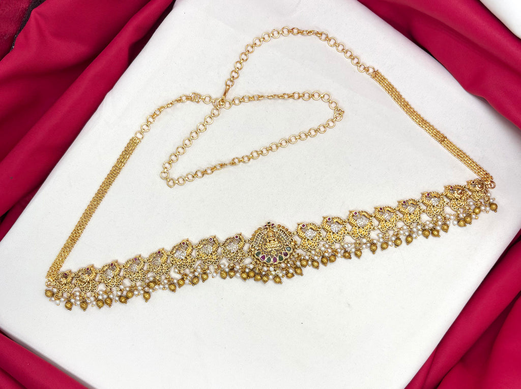 Matte finishing peacock design with multi-stones chain vaddanam
