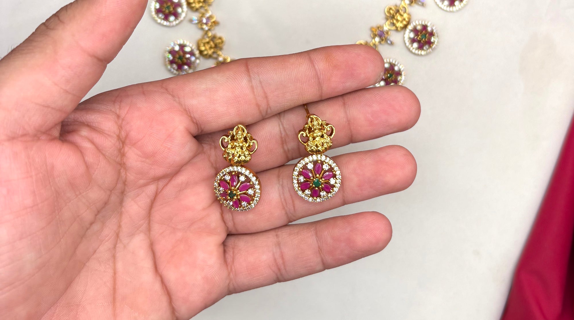 Matte finishing flower design with lord Lakshmi short Necklace